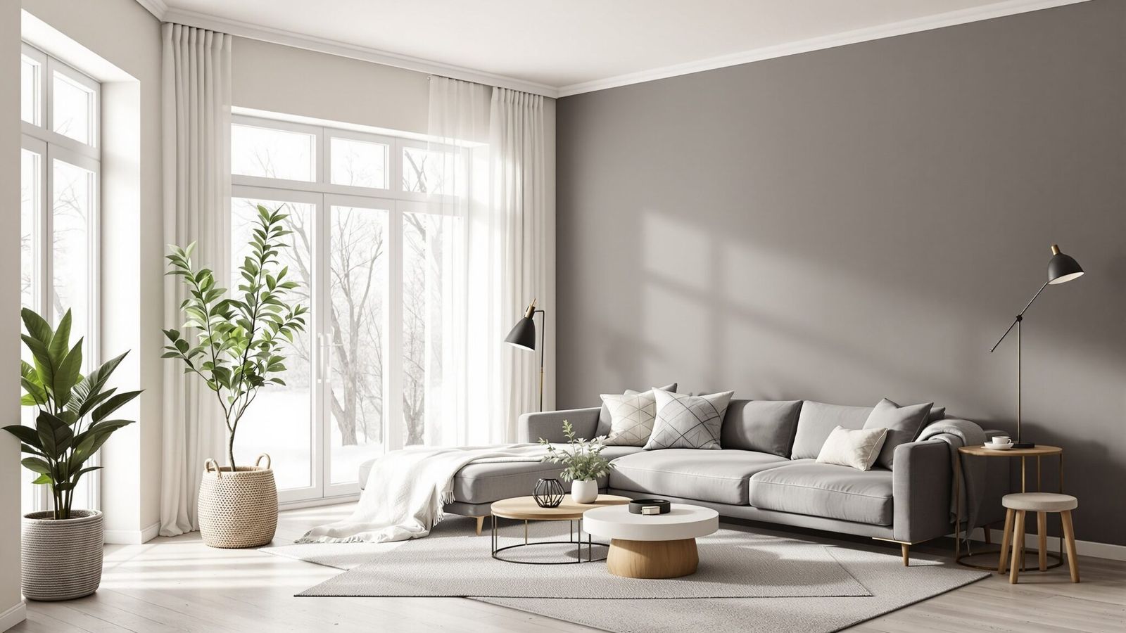 Bright living room with a gray accent wall and white walls