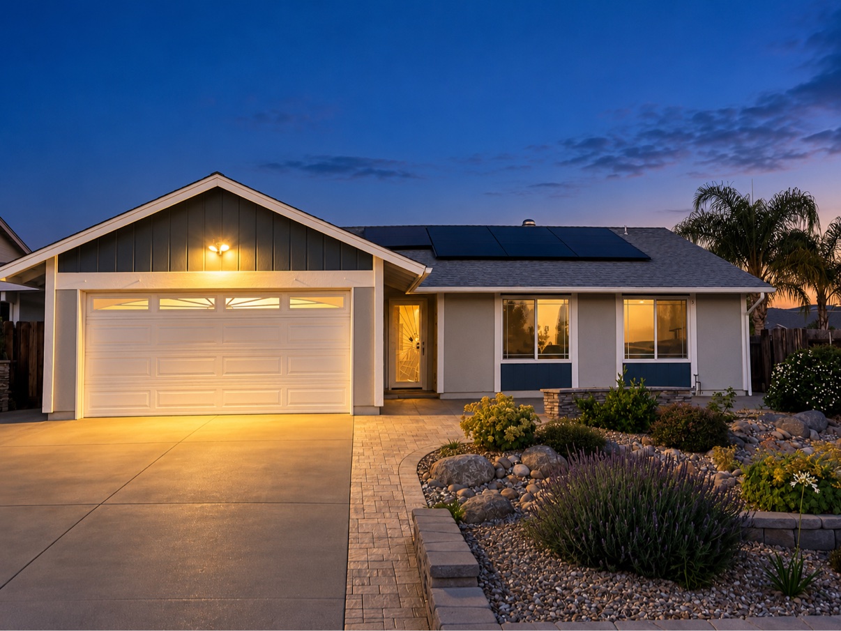 Single-story home exterior at dusk with a clean light finish