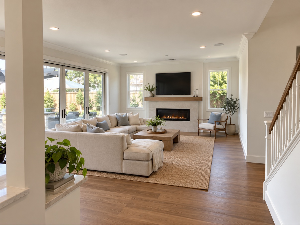 Open living room with fireplace, staircase, and warm wood floors