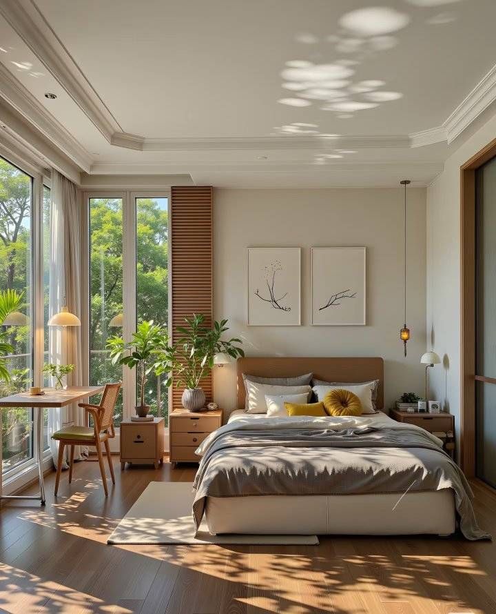 Bright bedroom with detailed ceiling trim, wood floor, and large windows