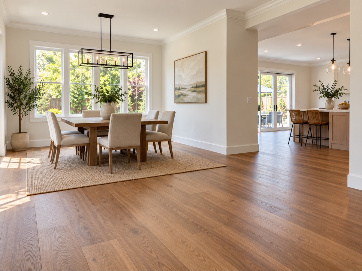 Dining room beside an open kitchen with continuous wood flooring