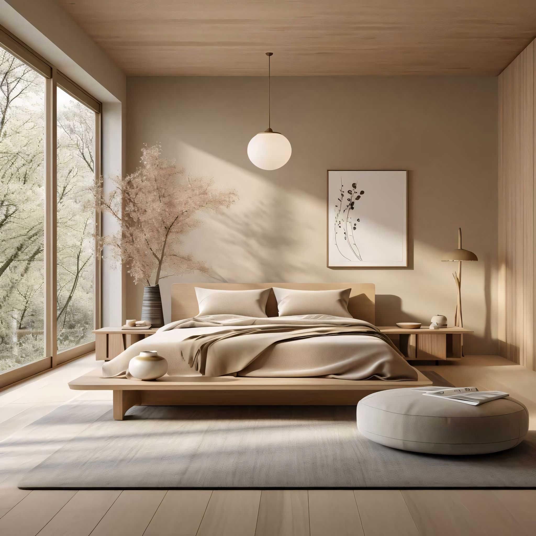 Warm natural bedroom with wood ceiling, platform bed, and large window