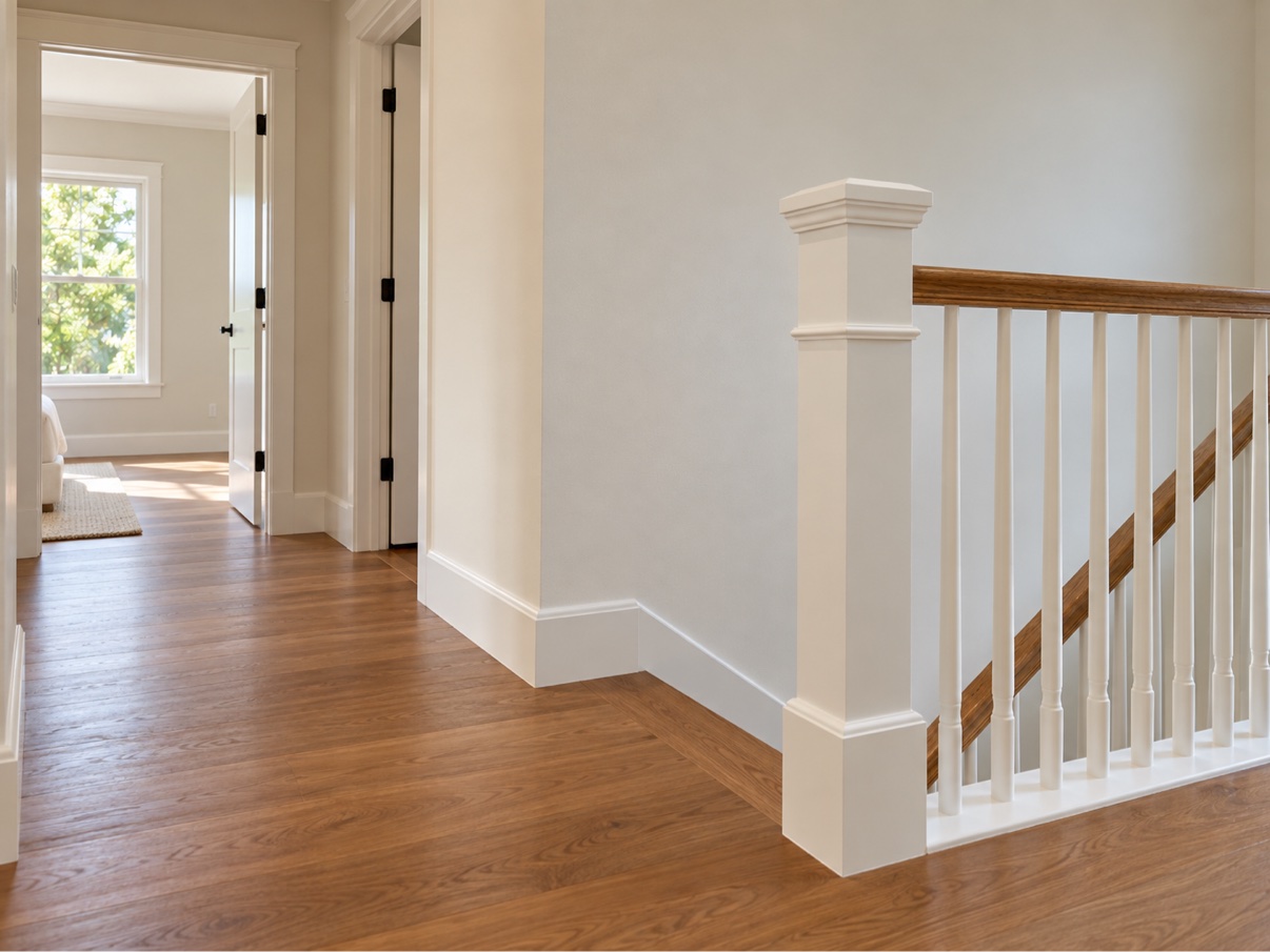 Bright hallway with wood flooring, white baseboards, and stair railing